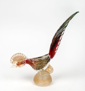 A Murano glass pheasant statue in red, green and clear glass with gold foil inclusions, 33cm high