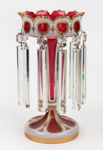 An antique Bohemian ruby overlay glass lustre with gilt highlights, circa 1860, 30.5cm high