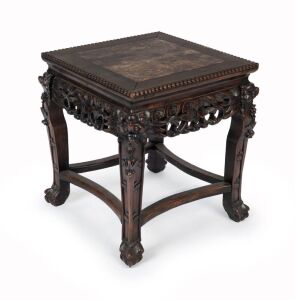 An antique Chinese carved rosewood occasional table with inset rouge marble top, 19th/20th century, 46cm high, 41cm wide, 41cm deep