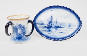 ROYAL DOULTON "Blue Children" tyg cup, together with a Royal Crown Derby blue and white serving dish, early 20th century, (2 items), Note: Tig not marked, the dish 32cm wide