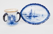 ROYAL DOULTON&nbsp;"Blue Children" tyg cup, together with a Royal Crown Derby blue and white serving dish, early 20th century, (2 items), Note: Tig not marked, the dish 32cm wide