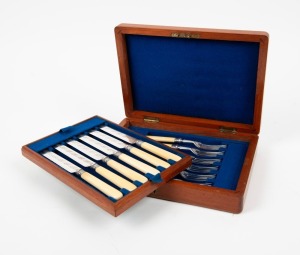 Antique English fish cutlery set with ivory handles in original walnut canteen, setting for six, 19th century, the canteen 27cm wide