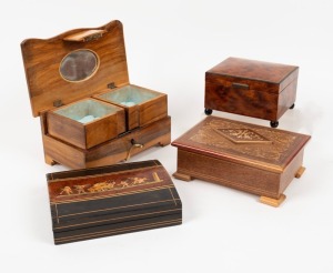 Four assorted vintage timber boxes including musical example, 20th century, ​​​​​​​the largest 17cm wide