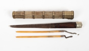An antique Chinese travelling utensil set with bone chopsticks, 18th/19th century, 28cm high overall