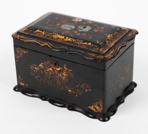 An antique English tea caddy with black Japanned lacquer finish adorned with floral decoration on mother of pearl, fitted with two compartments with mother of pearl handles, 19th century, 12cm high, 19cm wide, 12cm deep