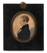 An antique hand-painted miniature profile portrait of a man, watercolour on card, early&nbsp;19th century, 13.5 x 11.5cm overall