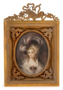 An antique Continental miniature portrait of a lady in an ostrich plume hat, housed in an ornate gilt metal frame, 19th/20th century, ​​​​​​​16 x 10.5cm overall