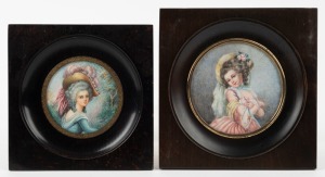 Two Italian miniature circular portraits of ladies, hand-painted on ivory, 20th century, the larger 16.5 x 16.5cm overall