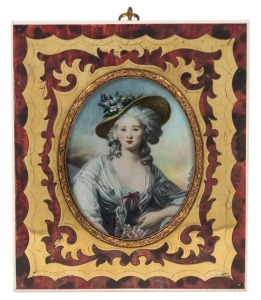 A French miniature portrait of a lady in a floral hat, hand-painted on ivory, housed in a boule and piano ivory frame, 20th century, 13.5 x 12cm overall