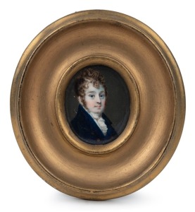 A Georgian miniature portrait of a young man in blue coat, hand-painted on ivory, early 19th century, (frame re-painted), 12.5 x 11.5cm overall