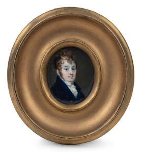 A Georgian miniature portrait of a young man in blue coat, hand-painted on ivory, early 19th century, (frame re-painted), ​​​​​​​12.5 x 11.5cm overall