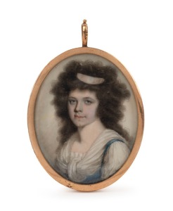 A Georgian miniature portrait of a lady, hand-painted on ivory, housed in a 9ct rose gold frame, early 19th century, 8 x 5.5cm overall
