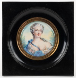 A miniature portrait of a lady, hand-painted on ivory, 20th century, 13.5 x 13cm overall