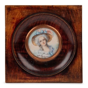 A miniature portrait of a lady in a hat with a blue bow, hand-painted on ivory, 20th century, 11.5 x 11cm overall