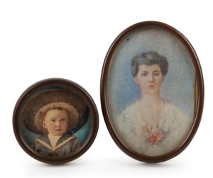 Two Edwardian antique miniature portraits, hand-painted on ivory, early 20th century, the larger 7 x 5.5cm overall