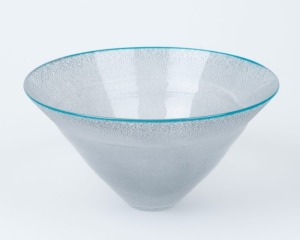 KOSTA BODA Swedish&nbsp;frosted glass bowl with blue rim, engraved "Kosta Boda" with artist's signature (illegible), 11cm high, 20cm diameter