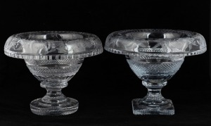 A near pair of vintage crystal banquet bowls with fine wheel engraved decoration in the Georgian manner, 20th century, the larger 22cm high, 28cm wide