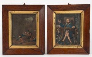 Two hand-painted miniatures in matching frames, one of Don Quixote and the other an interior scene, early 19th century, 18.5 x 16cm each overall