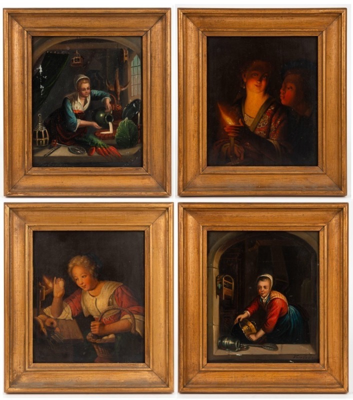 ARTIST UNKNOWN group of four antique Continental oil paintings on tin, most likely Dutch, ​​​​​​​19 x 16cm each, 27 x 24cm each overall