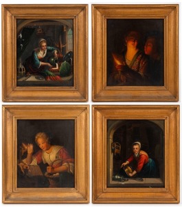ARTIST UNKNOWN group of four antique Continental oil paintings on tin, most likely Dutch, 19 x 16cm each, 27 x 24cm each overall