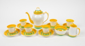 English Art Deco porcelain fifteen piece tea set, circa 1930, stamped "Collingwood Bone China, Made in England", the pot 17.5cm high