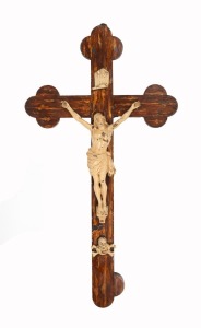 An antique French crucifix, painted metal and wood, 19th/20th century, ​​​​​​​75cm high