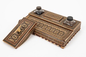 An antique Indian Sadeli-ware&nbsp;desk set with ink blotter, circa 1860, ​​​​​​​28cm wide