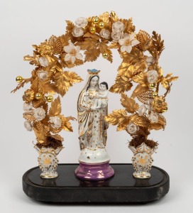A vintage porcelain Madonna and child statuette floral display, 20th century, 50cm high
