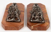 A pair of silver bronze reclining female figures on Sienna marble bases, 20th century, each 25cm long - 3