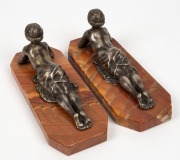 A pair of silver bronze reclining female figures on Sienna marble bases, 20th century, each 25cm long - 4