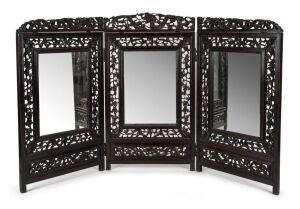 An antique Chinese rosewood three-fold table screen with mirror inserts, 19th century, ​​​​​​​62cm high, 103cm wide overall
