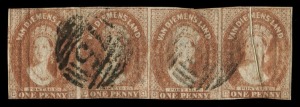 TASMANIA: 1857-67 (SG.27) 1d brick-red strip of 4, the fourth unit with impressive "Pre-printing paper fold", the first unit with vertical marginal watermark lines, BN '75' cancels of Hobart.