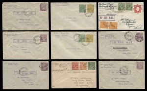 Aerophilately & Flight Covers: 21-22 July 1925 (AAMC.80-89a) Adelaide - Melbourne - Sydney per Australian Aerial Services, intermediates group comprising of Melbourne - Echuca, Melbourne - Sydney, Echuca - Broken Hill, Deniliquin - Broken Hill, Hay - Broken Hill, Broken Hill - Echuca, Broken Hill - Mildura, Sydney - Deniliquin & Sydney - Echuca, all with KGV adhesives including 4d Olive (2) & 4½d Violet (5); generally fine to very fine, Cat $2700. (9 covers)