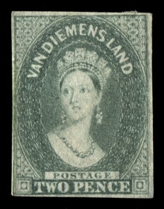 TASMANIA: 1857-57 (SG.34) Numeral Wmk 2d slate-green, complete margins, fine and fresh Unused. Cat. £450.