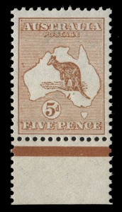 Kangaroos - First Watermark: 5d Chestnut, marginal MUH example with 1R57 variety "Colour flaw inside left frame off W.A. coast". An elusive variety.