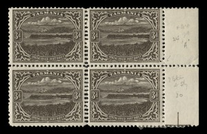 TASMANIA: 1905-11 (SG.253b) 3d brown, Typographed using Electrotyped Plates, Wmk Sideways, Perf.11 marginal block (4) with part marginal "cross" registration marking, and DOUBLE PERFS vertically between stamps, fine mint.