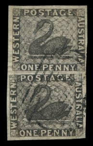 WESTERN AUSTRALIA: 1854 (SG.1) Imperforate 1d black Swan, vertical pair, very good to large margins all sides, lightly cancelled; a delightful pair. (2). Cat.£700+.