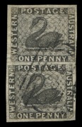 WESTERN AUSTRALIA: 1854 (SG.1) Imperforate 1d black Swan, vertical pair, very good to large margins all sides, lightly cancelled; a delightful pair. (2). Cat.&pound;700+.