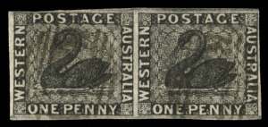 WESTERN AUSTRALIA: 1854 (SG.1) Imperforate 1d black Swan, horizontal pair, margins all sides, close at top left; lightly cancelled; a lovely pair. (2). Cat.£700+.