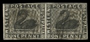 WESTERN AUSTRALIA: 1854 (SG.1) Imperforate 1d black Swan, horizontal pair, margins all sides, close at top left; lightly cancelled; a lovely pair. (2). Cat.&pound;700+.