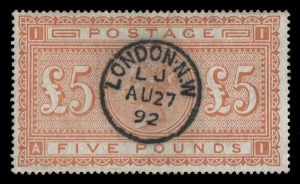 GREAT BRITAIN: 1867-83 (SG.137) £5 Orange, Plate 1 [AI], a superb Used example with central "LONDON N.W." cds of August 27, 1892.