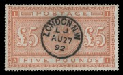 GREAT BRITAIN: 1867-83&nbsp;(SG.137) &pound;5 Orange, Plate 1 [AI], a superb Used example with central "LONDON N.W." cds of August 27, 1892.