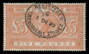 GREAT BRITAIN: 1867-83 (SG.137) £5 Orange Plate 1 [AC] on white paper, very fine and complete 'REGISTERED/1DE89/THREADNEEDLE ST/' oval datestamp, perfect centring with full perfs. One for the connoisseur, Cat £3500. 