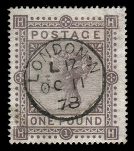 GREAT BRITAIN: 1867-83 (SG.136) White paper, wmk Large anchor £1 brown-lilac [HH], with attractive centrally struck "LONDON.N" cds of 11 October 1878. A delightful example. Cat.£6000+.