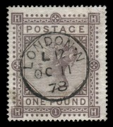 GREAT BRITAIN: 1867-83 (SG.136) White paper, wmk Large anchor &pound;1 brown-lilac [HH], with attractive centrally struck "LONDON.N" cds of 11 October 1878. A delightful example. Cat.&pound;6000+.