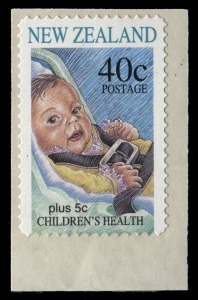 NEW ZEALAND: 1996 (SG.2003) 40c + 5c Children's Health "Teddy" error self-adhesive stamp plus corrected design for comparison, (2) MUH.