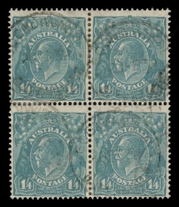 KGV Heads - Small Multiple Watermark Perf 13Ѕ x 12Ѕ: 1/4 Greenish-blue, block (4), the lower left unit with "Thick 1 at right retouched" variety (BW: 130na - $2000), used at GOONDIWINDI with Sept.1932 cds's. A very scarce commercially used block, especially so with this scarce variety.