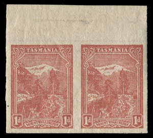 TASMANIA: 1905-11 (SG.250f) Typo using Electrotyped Plates Wmk Upright (Inverted) 1d rose-red IMPERFORATE PAIR from the top of the sheet, with large part inverted 'AUSTRALIA' sheet edge watermark in the upper margin, fine mint, Cat. £700.