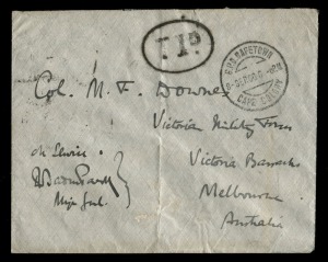 VICTORIA - Postal History: BADEN POWELL SIGNATURE ON VICTORIAN CONTINGENT TO THE BOER WAR COVER: 1900 (Sept.8) taxed cover from CAPETOWN addressed to Major Francis Downes at the Victoria Barracks in Melbourne, endorsed and signed at lower left "ON SERVICE / R Baden Powell / Maj Gen'l"; with oval "T 1d" tax stamp and "MELBOURNE 8 10 00" backstamp. Baden Powell had been promoted to the rank of Major General following the lifting of the Seige of Mafeking in May 1900.