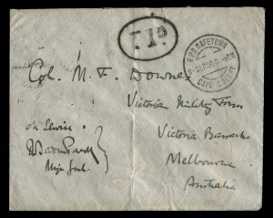 VICTORIA - Postal History: BADEN POWELL SIGNATURE ON VICTORIAN CONTINGENT TO THE BOER WAR COVER: 1900 (Sept.8) taxed cover from CAPETOWN addressed to Major Francis Downes at the Victoria Barracks in Melbourne, endorsed and signed at lower left "ON SERVICE